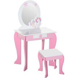 Homcom - Coiffeuse enfant design licorne - tabouret inclus - dim. 49L x 34l x 90H cm - tiroir, miroir - mdf - rose blanc