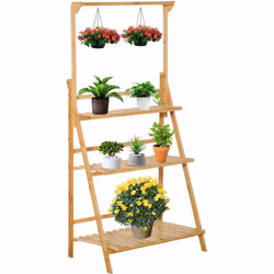 Cette magnifique étagère échelle à fleurs 3 niveaux (+ barre support pour pots suspendus de hauteur réglable) en bois de bamb ...