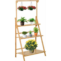 Étagère échelle à fleurs en bois de bambou - porte plante bois 3 étagères + barre support pour pots suspendus