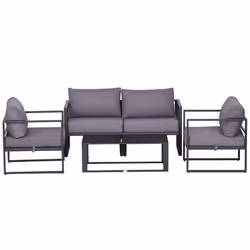 Ensemble salon de jardin design contemporain style yachting 4 places avec coussins et table basse plateau verre trempé alu. g ...