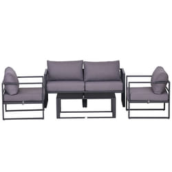 Ensemble salon de jardin design contemporain style yachting 4 places avec coussins et table basse plateau verre trempé alu. gris
