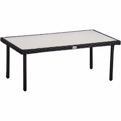 Cette table basse de jardin en résine tressée imitation rotin et plateau verre trempé 5 mm habillera parfaitement votre extér ...