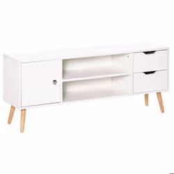 Meuble TV banc TV style scandinave placard 2 niches 2 tiroirs passe-fils panneaux particules blanc bois pin