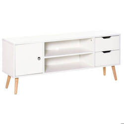 Meuble TV banc TV style scandinave placard 2 niches 2 tiroirs passe-fils panneaux particules blanc bois pin