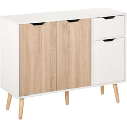 Buffet design scandinave 2 placards tiroir coulissant pieds bois massif pin panneaux particules blanc chêne clair