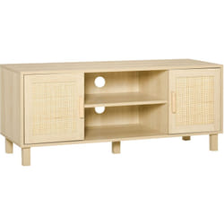 Homcom - Meuble tv banc tv 2 niches 2 placards porte cannage en rotin dim. 115L x 40l x 48H cm mdf aspect bois clair