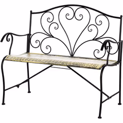 Ce magnifique banc de jardin 2 places style néo-rétro fer forgé avec lignes fuselées en métal noir et métal doré vieilli ajou ...