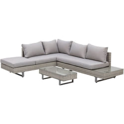 Ensemble salon de jardin d'angle 5 places design contemporain coussins déhoussables table basse acier époxy résine tressée grise