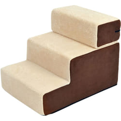 Escalier pour chien animaux rampe 2/3 marches déhoussable dim. 54L x 40l x 39H cm mousse haute densité tissu peluche courte marron crème