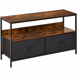 Meuble TV bas sur pieds style industriel 2 tiroirs tissu gris acier MDF noir bois vieilli