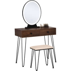Homcom - Coiffeuse design - miroir led intégré - 2 tiroirs + 1 organisateur - tabouret inclus - métal noir mdf imitation bois noyer foncé