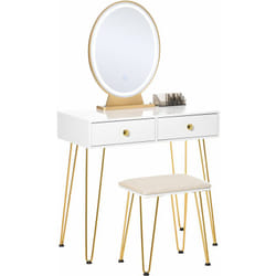Homcom - Coiffeuse design - miroir led intégré - 2 tiroirs + 1 organisateur - tabouret inclus - métal noir mdf banc doré