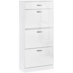 Meuble à chaussures - 3 portes abattantes et tiroir coulissant - dim. 62L x 24l x 135H cm - poignées alu. panneaux particules blanc
