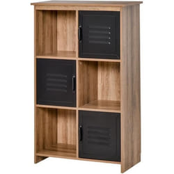 Bibliothèque design industriel - meuble de rangement 3 niches 3 casiers - panneaux particules aspect bois veinage portes métal noir