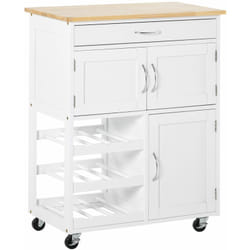 Desserte de cuisine multi rangements 2 placards tiroir casier 9 bouteilles mdf blanc plateau bois caoutchouc - Homcom