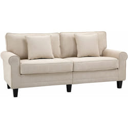 Canapé 3 places dim. 197L x 84P x 90H cm coussin déco. inclus pieds bois massif pin tissu aspect velours côtelé beige