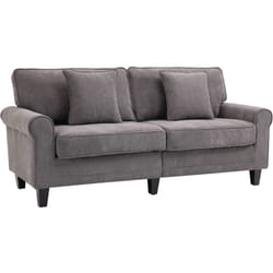 Canapé 3 places dim. 197L x 84P x 90H cm coussin déco. inclus pieds bois massif pin tissu aspect velours côtelé gris