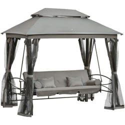 Balancelle de jardin 3 places convertible style colonial grand confort 5 coussins + matelas + moustiquaires inclus 2,56L x 1,72l x 2,48H m gris