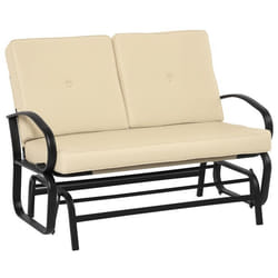 Banc à bascule de jardin 2 places style colonial acier époxy noir coussins beige
