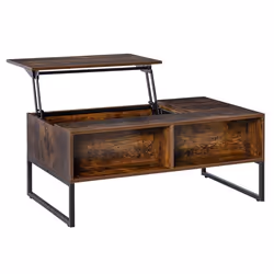 Table basse rectangulaire style industriel tiroir 2 niches plateau relevable métal noir panneaux particule aspect vieux bois ...