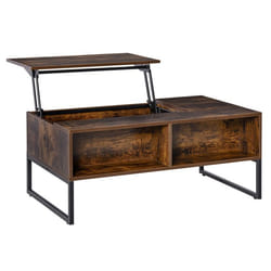 Table basse rectangulaire style industriel tiroir 2 niches plateau relevable métal noir panneaux particule aspect vieux bois veinage