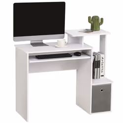 Bureau informatique multimédia étagères tablette clavier panier gris panneaux particules blanc