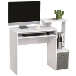 Bureau informatique multimédia étagères tablette clavier panier gris panneaux particules blanc