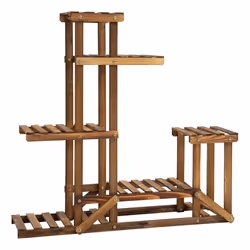 Étagère à fleurs en bois - porte plante bois 6 tablettes - dim. 98L x 28l x 96,5H cm - bois de sapin traité carbonisation