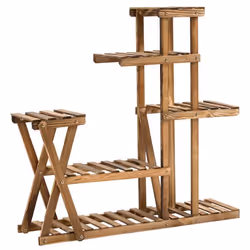 Étagère à fleurs en bois - porte plante bois 6 tablettes - dim. 98L x 28l x 95H cm - bois de sapin traité carbonisation