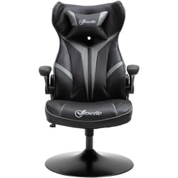 Fauteuil gaming base ronde métal pivotante 360° hauteur réglable tétière accoudoirs relevables pvc gris noir