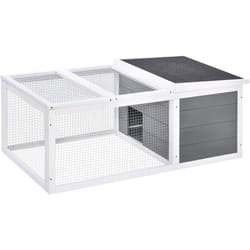 Pawhut - Clapier de sol enclos extérieur niche porte double toit ouvrant fil métallique bois sapin pré-huilé peint gris blanc