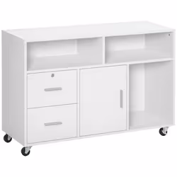 HOMCOM Support dimprimante organiseur bureau caisson placard + 2 tiroirs + niches + grand plateau panneaux particules blanc