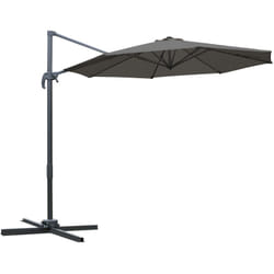 Parasol déporté octogonal inclinable rotatif 360° manivelle piètement acier mât alu. dim. ø 2,95 x 2,5H m polyester haute densité gris