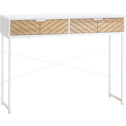 Homcom - Table console industriel 2 tiroirs aspect bois de chêne sculpté motif à chevrons piètement métal blanc