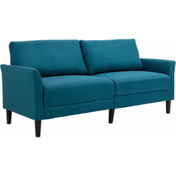 Canapé 2 places style contemporain assises larges profondes accoudoirs courbés piètement effilé bois hévéa noir polyester bleu canard