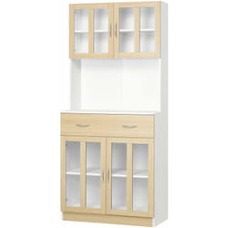 Buffet haut multi-rangement 4 portes vitrine verre avec étagère tiroir coulissant grand plateau panneaux particules blanc aspect chêne clair