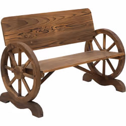 Ce joli banc de jardin style rustique chic en surprendra plus d'un grâce à son design original avec 2 roues de charettes en g ...