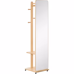Mélant élégance et modernité, ce miroir sur pied avec roulettes équipé d'un portant, 4 patères et d'une étagère s'intégrera e ...