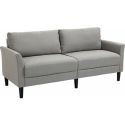 Canapé 2 places style contemporain assises larges profondes accoudoirs courbés piètement effilé bois hévéa noir polyester gris clair