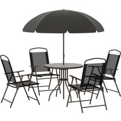 Outsunny - Ensemble salon de jardin 6 pcs - table ronde + 4 chaises pliables + parasol - acier époxy café textilène polyester noir