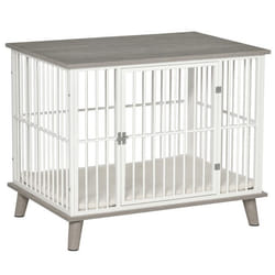 Cage pour chien animaux sur pied grand coussin peluche courte inclus porte verrouillable acier blanc panneaux particules aspect