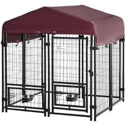Pawhut - Chenil extérieur pour chien - cage chien - enclos chien - toile toit imperméable anti-UV, porte verrouillable, 2 bols rotatifs - acier noir