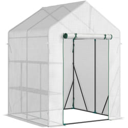 Serre de jardin 2 tablettes dim. 1,43L x 1,43l x 1,95H m porte déroulante acier PE haute densité 140 g/m² transparent blanc
