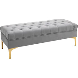 Banc banquette capitonnée style classique chic dim. 118L x 45l x 42H cm piètement métal doré velours gris clair