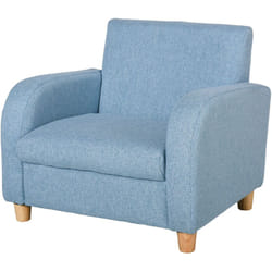 Fauteuil enfant design scandinave grand confort accoudoirs assise dossier garnissage mousse haute densité piètement bois caoutchouc lin bleu