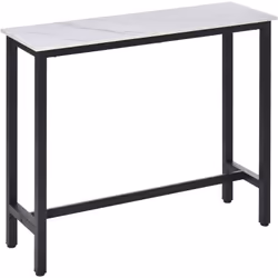 Cette magnifique table de bar design contemporain épuré avec châssis/piètement métal noir et plateau aspect marbre blanc s'in ...