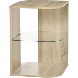 Guéridon design contemporain étagère verre trempé aspect chêne clair