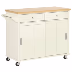 Desserte îlot de cuisine - 2 tiroirs 2 placards portes coulissantes avec étagères - MDF écru plateau bois caoutchouc