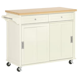 Desserte îlot de cuisine - 2 tiroirs 2 placards portes coulissantes avec étagères - MDF écru plateau bois caoutchouc
