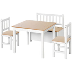 HOMCOM Ensemble de table et chaises enfant - set de 4 pièces - table 2 chaises banc coffre 2 en 1 - MDF pin blanc bois clair